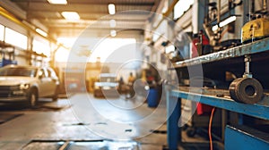 car service center auto repair workshop blurred panoramic background. Generative Ai