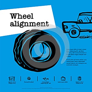 Car service concept. Web banner. Wheel alignment, similarity collapse, tire service, car repair etc. Doodle ink style photo