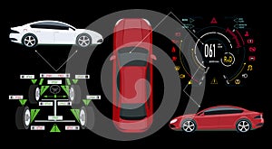 Car service. Digital automotive dashboard of a modern car. Graphic display, diagnostics wheel alignment . illustration