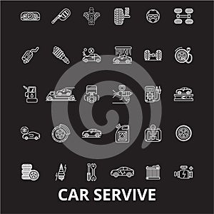 Car service editable line icons vector set on black background. Car service white outline illustrations, signs, symbols