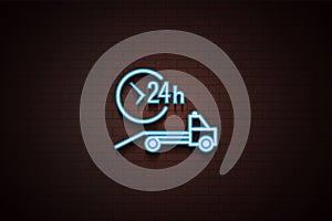 car service evacuator icon in Neon style on brick wall