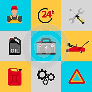 Car service flat icon set. Auto mechanic service flat icons of maintenance car repair and working.