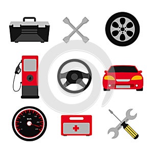 Car service flat icon set. Auto mechanic service flat icons of maintenance car repair and working. Auto mechanic design concept se