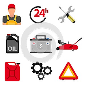 Car service flat icon set. Auto mechanic service flat icons of maintenance car repair and working. Vector illustration