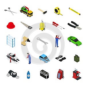Car Service Furniture and Equipment Icon Set Isometric View. Vector