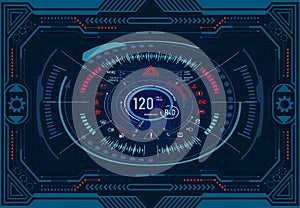 Car service. Futuristic dashboard design on a graphic monitor in frame. Speedometer, tachometer. GUI HUD Illustration