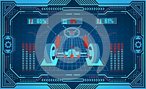 Car service. Graphic interface in a stylized frame. Diagnostic alignment of wheels, shock absorbers. illustration