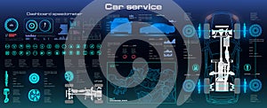 Car service with HUD elements. Complete vehicle chassis diagnostics. Futuristic car user interface. Car, scanning. Car service in