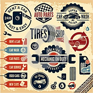 Car service icons. Auto parts. Rent a car. Car wash. Vintage car labels set.