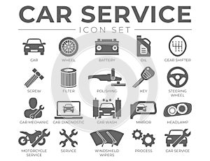 Car Service Icons Set with Battery, Oil, Gear Shifter, Filter, Polishing, Key, Steering Wheel, Diagnostic, Wash, Mirror, Headlamp