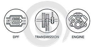 Car service icons set - DPF, transmission, engine