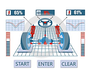 Car service. Image of the vehicle s assembly diagram on the stand. Checking and adjustment of shock absorbers and