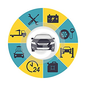 Car service Infographics. Auto service and repair icons isolated in round chart. Vector illustration.