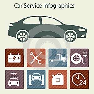 Car service Infographics. Auto service and repair icons isolated on white background. Colorful vector illustration in flat design