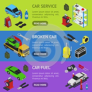 Car Service Interior with Furniture Banner Horizontal Set Isometric View. Vector