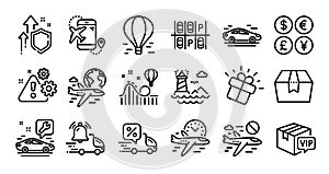 Car service, International flight and Flight time line icons set. Vector