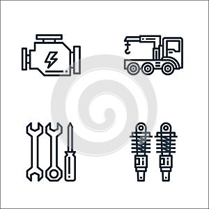 car service line icons. linear set. quality vector line set such as shock absorber, reparation, crane