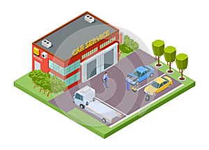 Car service location. Isometric service building, vector tow truck, tire fitting illustration