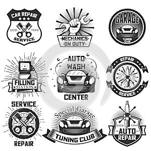 Car service logos vintage vector labels, badges and icons set