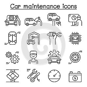 Car service & maintenance icon set in thin line style