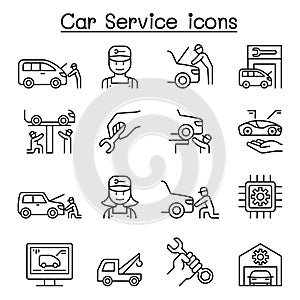 Car service & maintenance icon set in thin line style