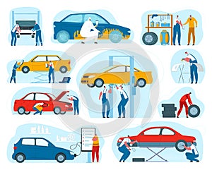Car service, mechanic and auto maintenance repair, tire service set of vector illustrations. Automobile check up