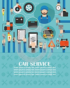 Car service online call flat design with wrecker car and mechanic.lorem ipsum is simply text [Converted