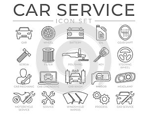 Car Service Outline Icons Set with Battery, Oil, Gear Shifter, Filter, Polishing, Key, Steering Wheel, Diagnostic, Wash, Mirror,