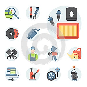 Car service parts flat vector illustration auto mechanic repair of machines and automobile equipment