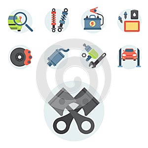 Car service parts flat vector illustration auto mechanic repair of machines and automobile equipment