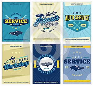 Car Service 6 posters set. Retro vintage automotive service and restoration templates. Logo design.
