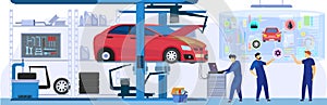 Car service, professional maintenance and diagnostic, people using modern technologies, vector illustration