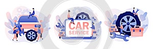 Car service and repair. Auto service concept. Tiny Repairman, Mechanics characters in uniform with tools and tire