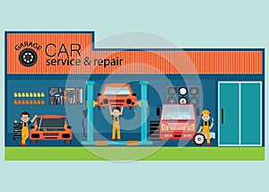 Car service and repair center or garage with worker.