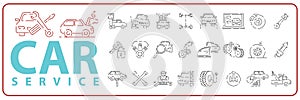 Car service repair line icon set. Auto mechanic working on a car icons