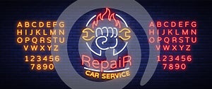 Car service repair logo vector, neon sign emblem. Vector illustration, car repair, shiny signboard for garage for auto