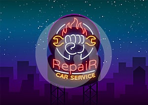 Car service repair logo vector, neon sign emblem. Vector illustration, car repair, shiny signboard for garage for auto