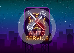 Car service repair logo vector, neon sign emblem. Vector illustration, car repair, shiny signboard for garage for auto