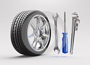 Car service, repair, maintenance concept changing tire. 3d rendering