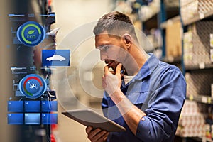 Auto mechanic or smith with tablet pc at workshop