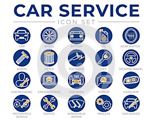 Car Service Round Outline Icons Set with Battery, Oil, Gear Shifter, Filter, Polishing, Key, Steering Wheel, Diagnostic, Wash,