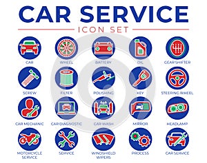 Car Service Round Outline Icons Set with Battery, Oil, Gear Shifter, Filter, Polishing, Key, Steering Wheel, Diagnostic, Wash,