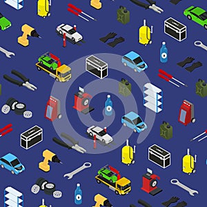 Car Service Seamless Pattern Background Isometric View. Vector