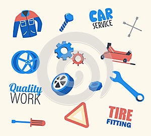 Car Service Set Working Uniform, Wrench and Automobile Tires, Traffic Sign, Screwdriver and Cogwheels