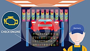 Car service shop with big mechanic avatar in front. Check engine - Yup, still there message. Vector illustration of big car