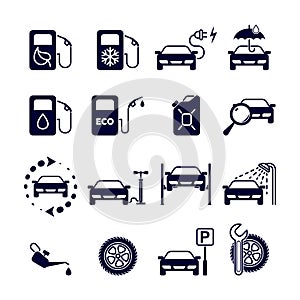 Car service station. Set of 16 monochrome vector icons
