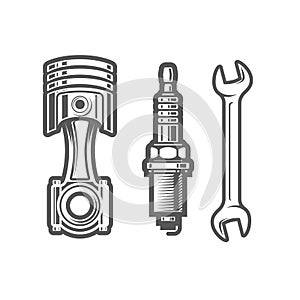 Car service station sign, spark plug, piston and spanner icons, maintenance shop