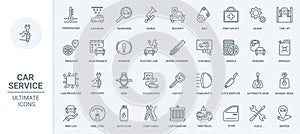 Car service thin line icons set, scheduled diagnostics of vehicle and auto repair tools