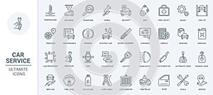 Car service thin line icons set, scheduled diagnostics of vehicle and auto repair tools photo