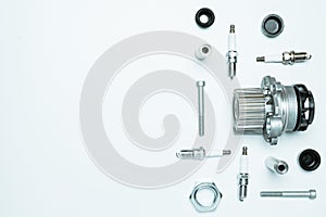 Car service tools. Set of new metal car part. Auto motor mechanic spare or automotive piece isolated on white background.